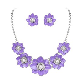 Ever Faith Purple Flower Necklace for Women, Summer Boho Flower Statement Collar Floral Bib Choker Necklaces with Flower Stud Earrings Flower Jewelry