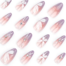 Press On Nails with Nail Glue, Butterfly Flower Bow Star Designed in Glue on Nails, Fake Nails, Short Square Almond Ballet Shape for Stick On Nails on 24PCS, Purple Butterfly