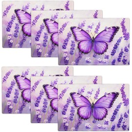 Butterfly Lavender Summer Placemats Set of 6, 12x18 Inch Spring Table Place Mat Country Washable Non-Slip Heat Resistant Fabric Placement Mats for Dining Kitchen Indoor Outdoor Decor