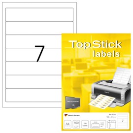 TopStick 8721 Ordnerrücken Etiketten schmal kurz, 100 Blatt, 192 x 38 mm, 7 pro A4 Bogen, 700 Stück, selbstklebend, bedruckbar, blickdicht, blanko Papier Ordneretiketten Rückenschilder Aufkleber, weiß