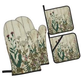 Oven Mitts and Pot Holders Sets of 4,Floral Vintage Floral Herbs and Wild Flowers Botanical Green Leaves Colorful Plants Rustic Wood Plank Farmhouse,Oven Mitts Oven Gloves Set Potholders for Kitchen