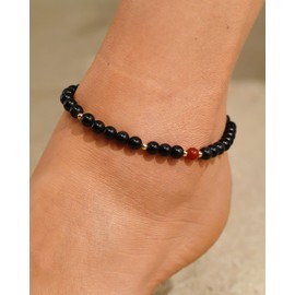 Wizock Black Obsidian/Red Agate 6mm Beaded Ankle Bracelets for Women Crystals Protection Summer Beach Foot Anklet