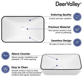 DeerValley Vessel Sink Rectangular, 18.9"x11.61" White Semi Recessed Bathroom Sink with Black Rim Ceramic Porcelain Rectangle Bathroom Vessel Sink Above Counter Vanity Sink Basin DV-1V0235