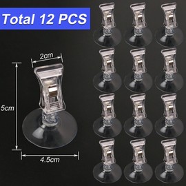BUKEQILA Suction Cup Clip Suction Hooks with Clip - Pack of 12 Suction Cup Holders with Clamp, Aquarium Suction Clips Supermarket Label Clip, Car Parking Card Holder Windscreen Clip Photo Clips