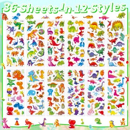 36 Sheets Dinosaur Stickers for Kids - 3D Puffy Stickers Prehistoric Theme | T-Rex, Stegosaurus, Volcano | Reusable, Waterproof | Crafts, Scrapbooking, Party Favors