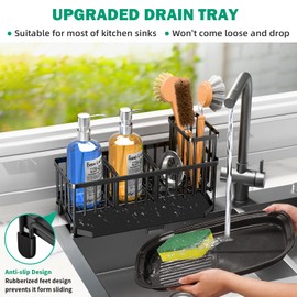 TomCare Extra Large 11'' Sink Caddy With Drain Tray Non-slip Kitchen Sink Organizer With 2 Adjustable Dividers High Brush Holder Rustproof Sponge Holder Kitchen Storage Accessories for Counter