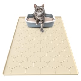 Garoopion Silicone Cat Litter Trapping Mat, Large Waterproof 34" X 22" Cat Litter Box Mat, Easy to Clean, Beige