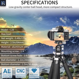 INNOREL C28 Low Profile Tripod Ball Head Universal 360 Panoramic Metal BallHead for DSLR Camera Tripod Monopod Camcorder Slider with Arca Swiss Plate 28mm Ball with 1/4" to 3/8" Screw Load 11.0lb/5kg