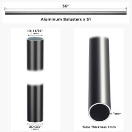 51Pack 36" x 3/4" Aluminum Deck Balusters Round Hollow Black Deck Railing Spindles Staircase Balusters Wood Composite Deck Porch Stairs Indoor Outdoor