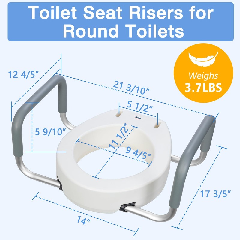 Raised Toilet Seat with Handles for Seniors, Fits Round Toilet
