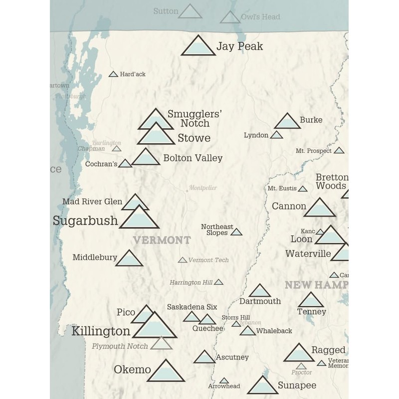 New England Ski Resorts Map 18x24 Poster (Beige & Opal