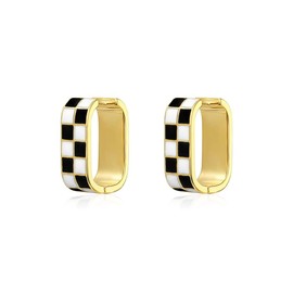 NewZenro Fashion Oval Checker Chunky Hoop Earrings for Women - 14K Gold Plated Sterling Silver Post Rectangle Checkerboard Huggie Hoops - Black, Gold - Modern - Hoop Earrings