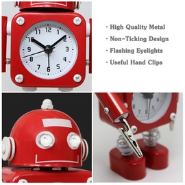 Betus Non-Ticking Robot Alarm Clock Stainless Metal - Wake-up Clock with Flashing Eye Lights and Hand Clip (Ruby Red)