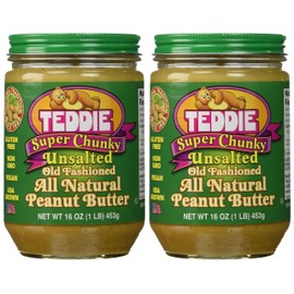Teddie All Natural Peanut Butter, Super Chunky Unsalted 2pk, Gluten Free & Vegan, 16 Ounce (Super Chunky Unsalted, Pack of 2)