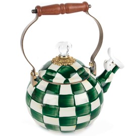 MACKENZIE-CHILDS Enamel Whistling Tea Kettle, Decorative Teapot, Green-and-White Emerald Check