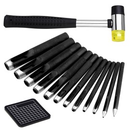 TLKKUE Leather Hole Punch, 1.0-10mm Round Leather Working Hollow Hole Punch Steel Heavy Duty Hole Punch with Leather Carving Hammer Cutting Mat for Watch Band, Belt, Wristband DIY Leather Crafting