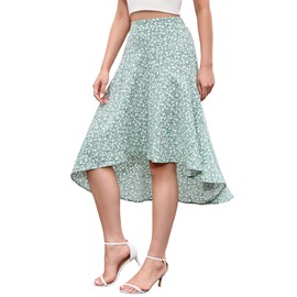 Women's Skirt Summer Long Floral Skirt A-line Elastic Waist Beach Skirt Elegant Ruffle Skirts, Green, M