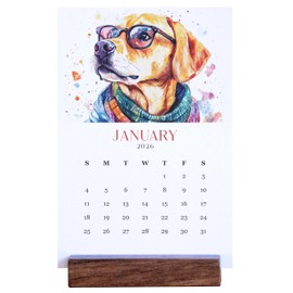 2026 Monthly Office Desk Calendar - Cool Trendy Dogs - Watercolor Style -Wood Stand - Annual 12 Month - 4” x 6” Cards – Minimalist Home Décor (Fun Dogs)
