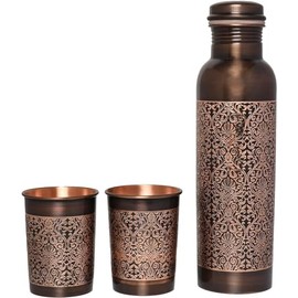 Copper Water Bottle with 2 Tumblers Set, Floral Pattern for Ayurveda Health Benefits