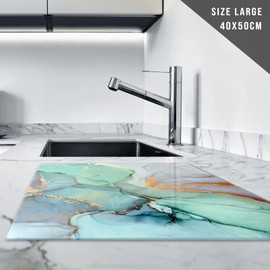 Chopping Board | Glass Chopping Boards for Kitchens | Glass Worktop Savers for Kitchen | Chopping Board Non Slip | Small Chopping Board | Marble Effect Teal White Gold