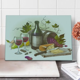 Ambesonne Wine Cutting Board, Vintage Style Composition with Wine and Cheese Fruits Gourmet Taste Beverage and Food, Decorative Tempered Glass Cutting and Serving Board, Large Size, Multicolor