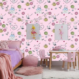 Akodm Cute Cat Pink Wallpaper Removable Vinyl Self-Adhesive Sticky Contact Paper for Kids Room Waterproof Wallpaper Perfect Baby Girl Bedroom Boys Room Girly Dollhouse Fun Decoration 17.7"x70.8"