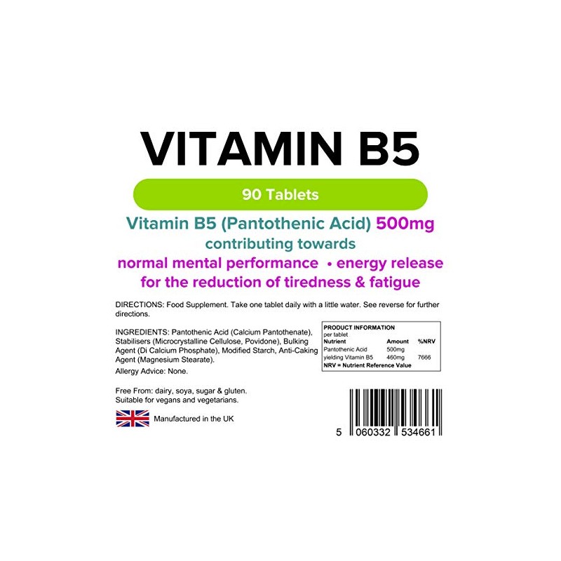 Lindens Vitamin B5 500mg Tablets - 90 Pack - 8000%