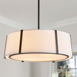 Shrine Lighting Drum Pendant Light, Modern Style, Drum Chandeliers for Dining Room, D18'' x H6'', Adjustable Chains 39'', E12*4 Sockets, White Lampshade & Black Finish