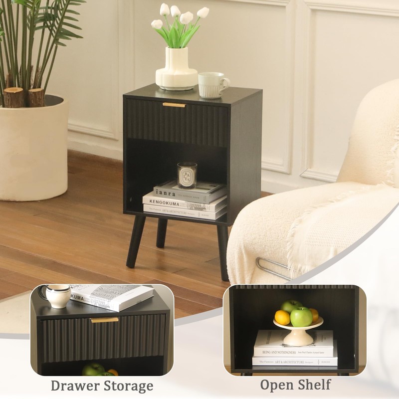 Fultyle Fluted Black Nightstand with Charging Station, Mid Century Modern