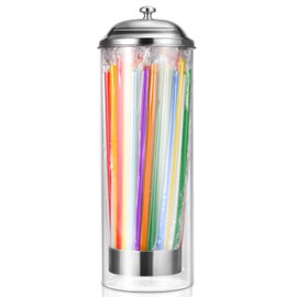 Kailund Glass Straw Holder Drinking Straw Dispenser for Counter with 200 Straws & Stainless Steel Lid, Retro Straw Organizer Container for Cafes, Bars, Home