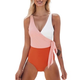 CUPSHE Women's One Piece Swimsuit Color Block Bathing Suit V Neck Wrapped Self Tie Swimwear, M