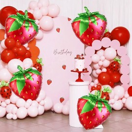 9Pcs Strawberry Balloons 71 * 55cm Cute Fruit Foil Large Strawberry Helium Balloons Tropical Strawberry Jumbo Props for Birthday Cute Themed Party Sweet Party Decorations