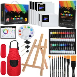 59pcs Acrylic Paint Set - Art Supplies Kit with 24 Non-Toxic Paints, Easel, Brushes, Canvas for Kids, Artists and Beginners, Red
