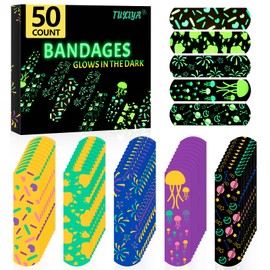 50 Count Kids Bandaids, Glow in The Dark & Waterproof Bandages, One Size Cute Bandaids for Kids and Adults, 5 Styles Adhesive Bandages for Minor Cuts, Scrapes, Wounds and First Aid