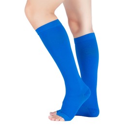 LIN PERFORMANCE 20-30 mmHg Medical Compression Socks for Women and Men Knee High Open Toe Stockings Varicose Vein Swollen legs (L,Blue)