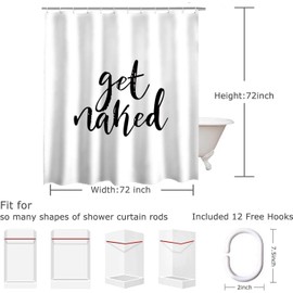 Inshere Get Naked Shower Curtain for Bathroom with 12 Hooks, White Funny Get Naked Print Shower Curtains Set for Bathroom Decor 72x72 Inch Waterproof Fabric