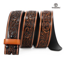 TRIWORKS Western Belt Strap for Men without Buckle 1.5" Wide Floral Engraved Embossed Leather Belt Strap,L-Brown