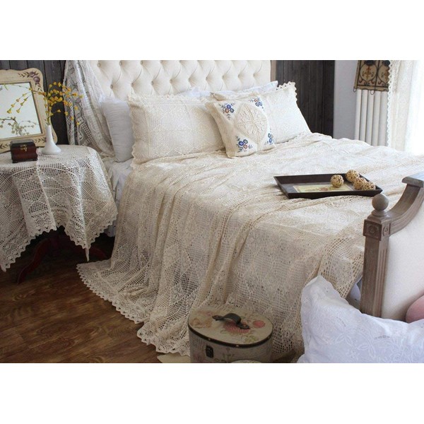 ABREEZE Vintage Cotton Bedding Set Hand Crochet Bedspread Hook Floral Beige Lace Bed Spread with Pillowcases 3Pcs,King