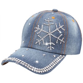 Rhinestone Denim Baseball Cap for Women Fashion Sun Hat Metal Buckle Adjustable Bling Diamond Traveling Hat (US, Alpha, One Size, BlueSnowflake)