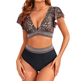 Edelqual Women's High Waisted Bikini Sets Tummy Control Swimsuit 2024 Collection Color Block Two Piece Bathing Suit(Black Flower L)