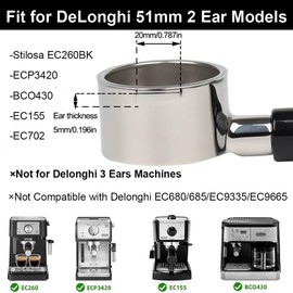 51mm Bottomless Portafilter 2 Ears for Delonghi ECP3420/BCO430/EC260 | Stainless Steel Filter Basket and ABS Handle