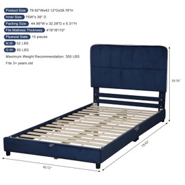 Velvet Children’s Twin Bed Frame,Adjustable Height Headboard Kid's Bed, Wooden Slat Base Toddler Bed Frame,Upholstered Twin Bed Frame for Kid, Fits Standard Twin Mattress(75"Wx39"D) (Blue)