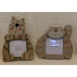 2 Pc Wooden TABBY CAT Photo Holders / Frames - Holds 3.25x3.25 Photo - NEW