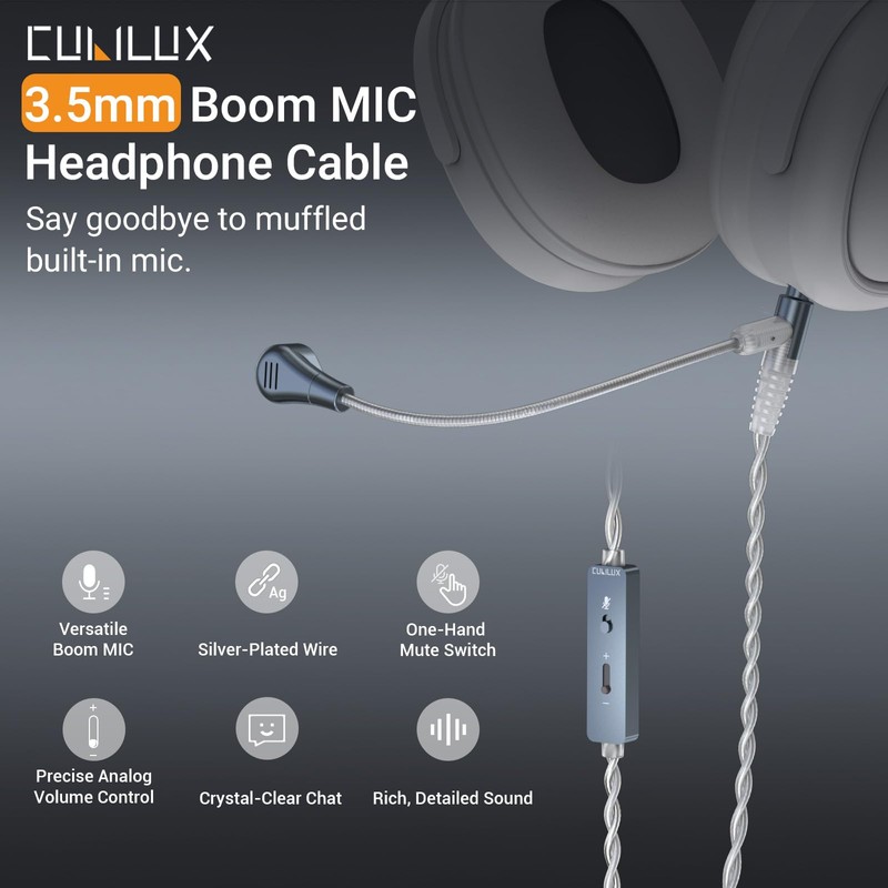 Cubilux 3.5mm Headphone Cable with Boom Mic, Mute Switch, Volume