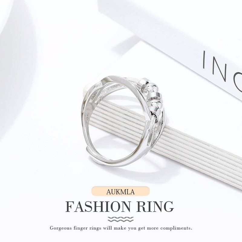 Aukmla Anxiety Ring for Women Silver Fidget Ring Adjustable Beads