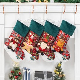 GEX 2024 New Christmas Stockings for Family 4 Pack Plush Dolls Plaid Green Christmas Stockings Ornament Fireplace Xmas Tree Holiday Decoration(Set of 4