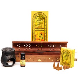 Song of India - India Temple Gift Set #10, Incense Cones, Incense Sticks, Aroma Oil, Aroma Oil Burner & Coffin Box Incense Burner