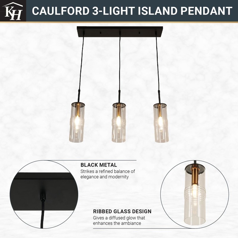 Kenroy Home Caulford Collection Ribbed Glass 3-Light Black Metal Island