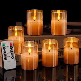 VIODAIM 6Pack Glass Flickering Flameless Candles with Remote, 2"X3" Real Wax Votive Candles Battery Operated, Small Electric LED Candles for Wedding Home Decor, w/4 Timers+2 Lighting Modes [Gold]
