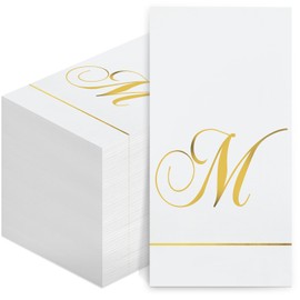 Pasimy 100 Pcs Initial Napkins Monogram Guest Napkins Gold Letter Paper Napkins Disposable Elegant Dinner Towels for Wedding Bridal Shower Holiday Birthday Party Tableware Decor (M Letter)